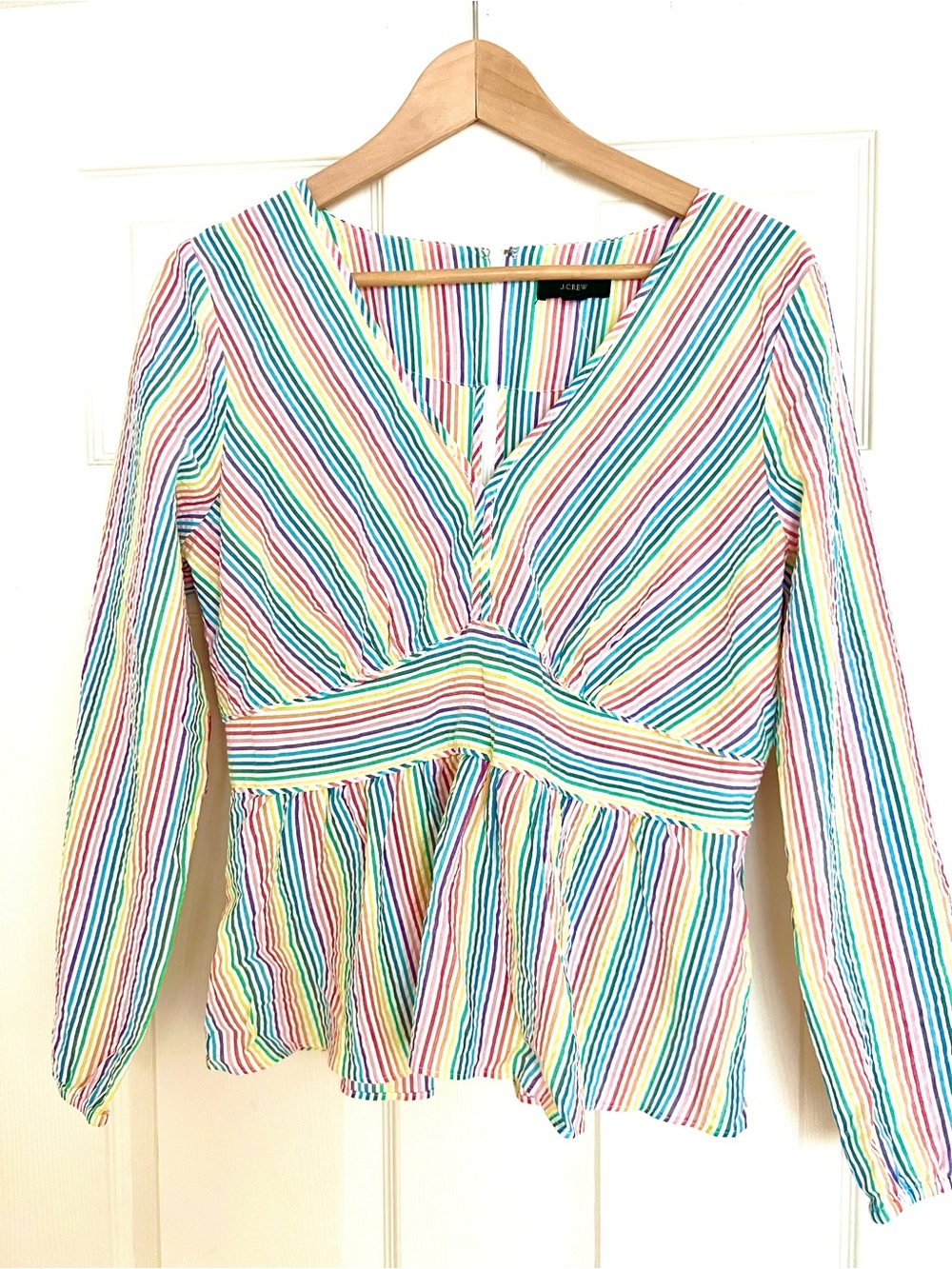 J. Crew Rainbow Seersucker Striped V-Neck Peplum Top, NWT, Size 10